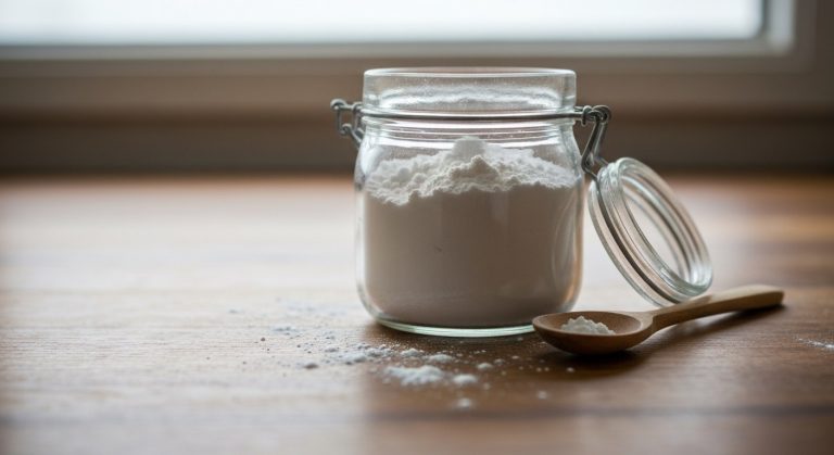 Skleněná dóza s bílým kypřícím práškem a dřevěnou lžičkou na dubové desce