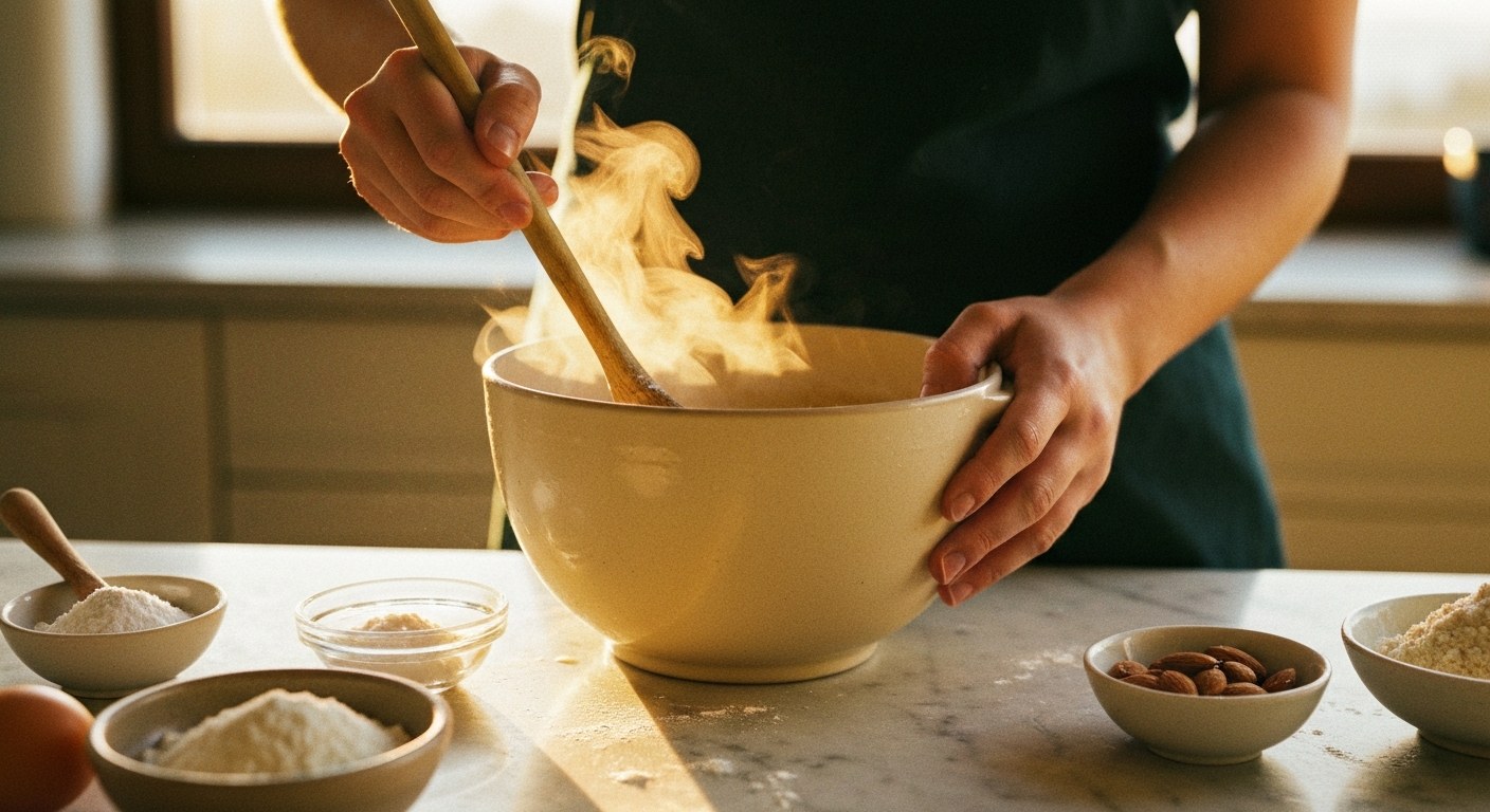 Ruce míchají těsto v keramické míse s viditelnými bublinkami kypření