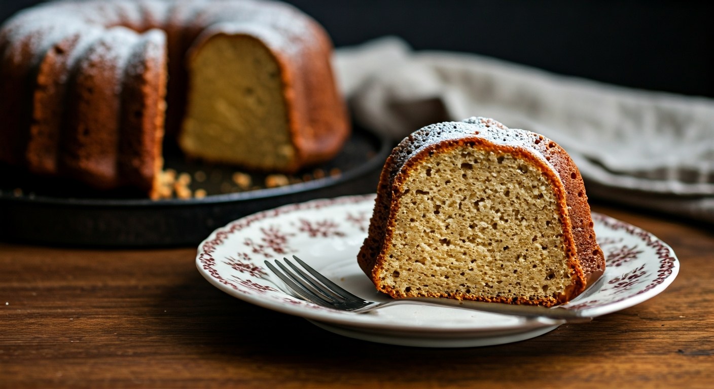 Krajíc nadýchaného bezlepkového koláče na porcelánovém talíři s viditelnou strukturou