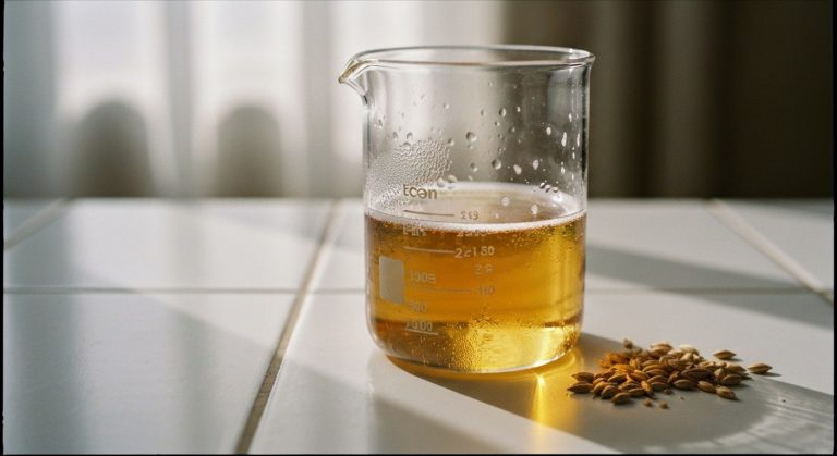 Laboratorní kádinka s pivem a zrnky sladu na bílém keramickém podkladu