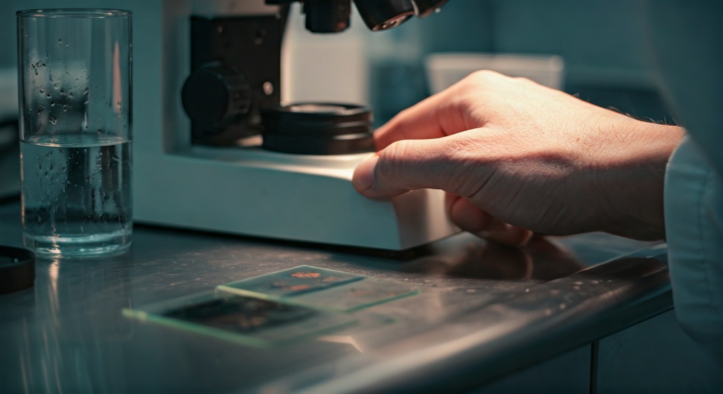 Ruce výzkumníka nastavují mikroskop pro analýzu vzorků střevní tkáně v laboratoři