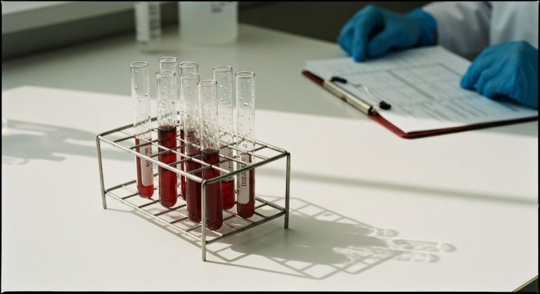 Krevní vzorky ve zkumavkách na laboratorním stole připravené k vyšetření na celiakii