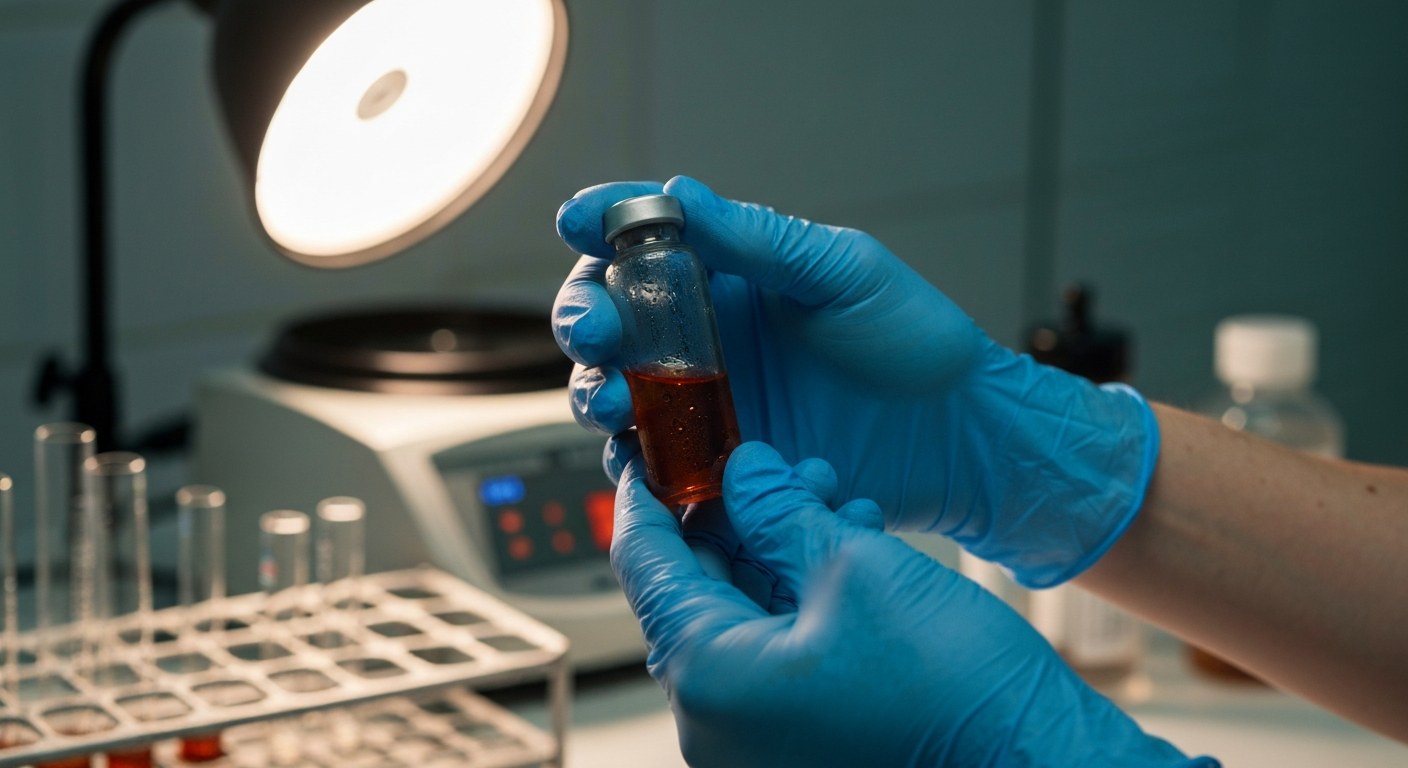 Ruce laboranta v modrých rukavicích drží zkumavku se vzorkem krve pro test na celiakii