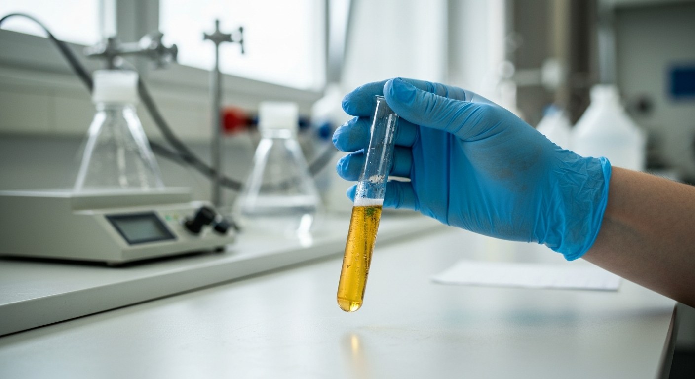 Laboratorní testování vzorku piva na obsah lepku ve zkumavce