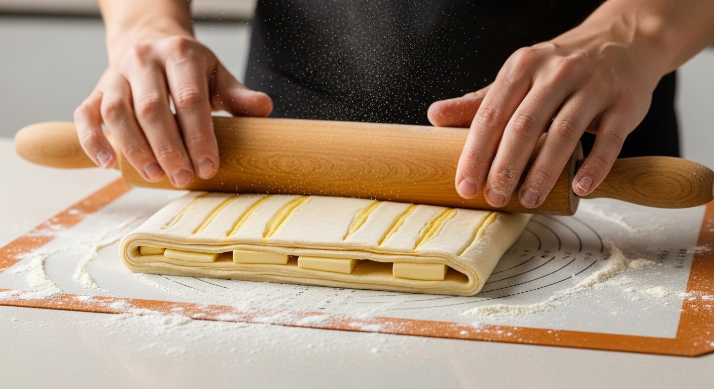 Ruce rozvalují máslem vrstvené bezlepkové těsto na silikonové podložce