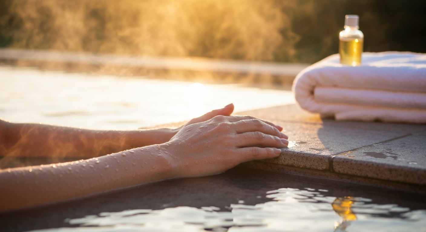 Ženské ruce na okraji termálního bazénu s stoupající párou při lázeňské proceduře