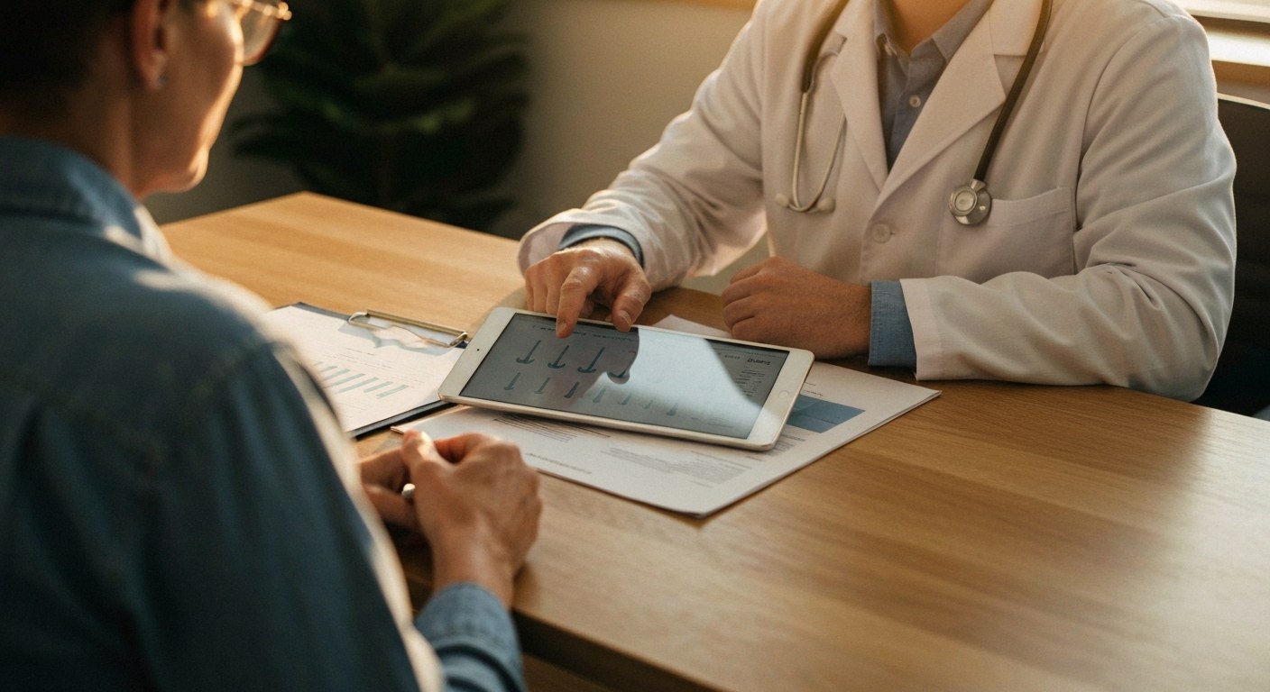 Lékař vysvětluje výsledky krevních testů pacientce v ordinaci při konzultaci