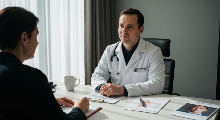 Lékař a pacient při konzultaci o celiakii v ordinační místnosti