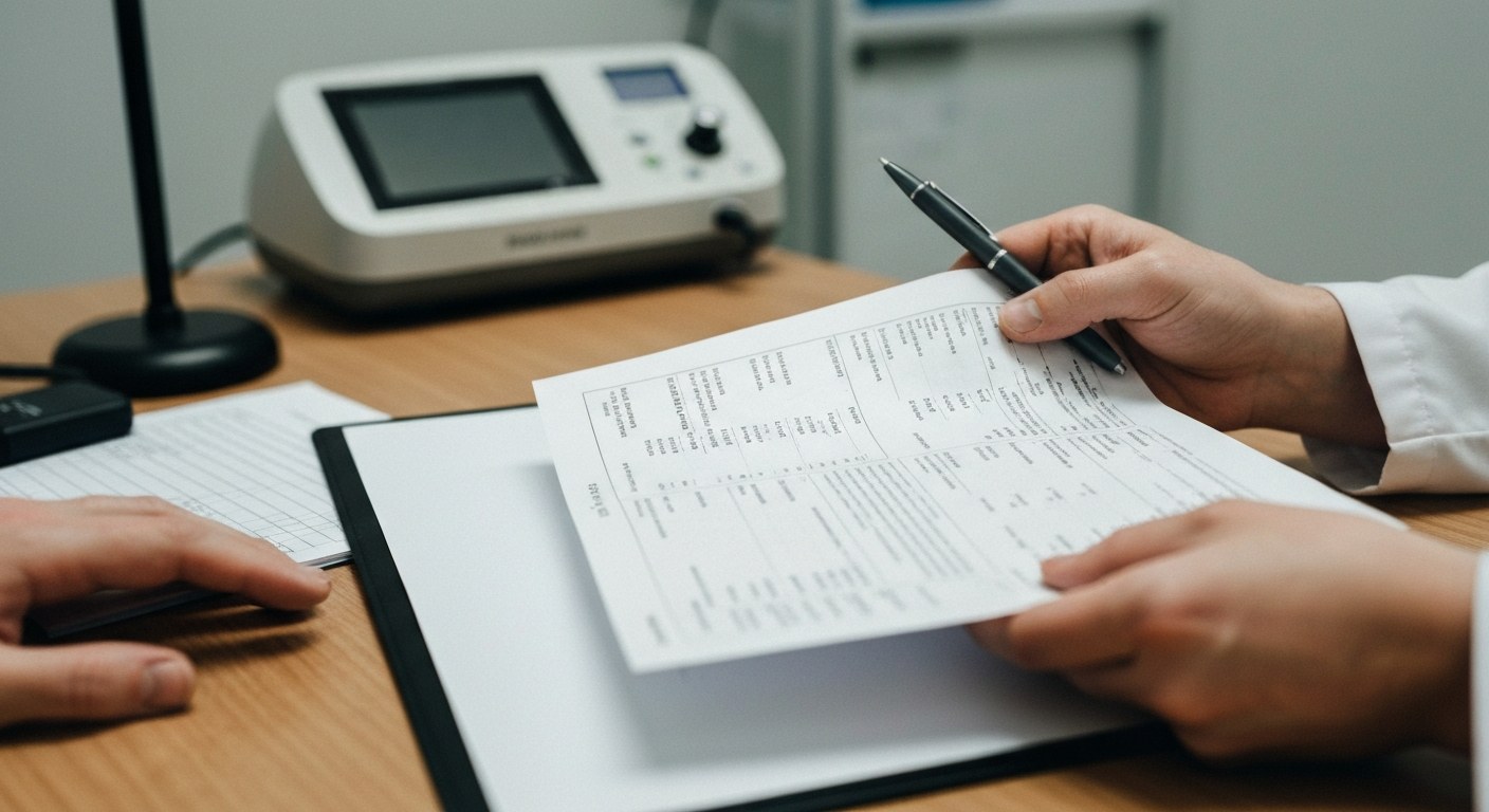 Lékařské ruce drží výsledky biopsie a krevních testů na ordinaci