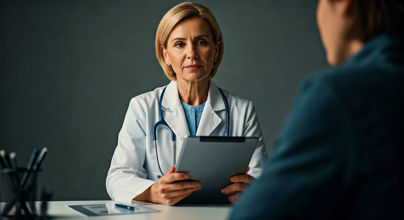 Lékařka-gastroenteroložka vysvětluje pacientovi diagnostické výsledky, v ruce tablet se schématem střeva