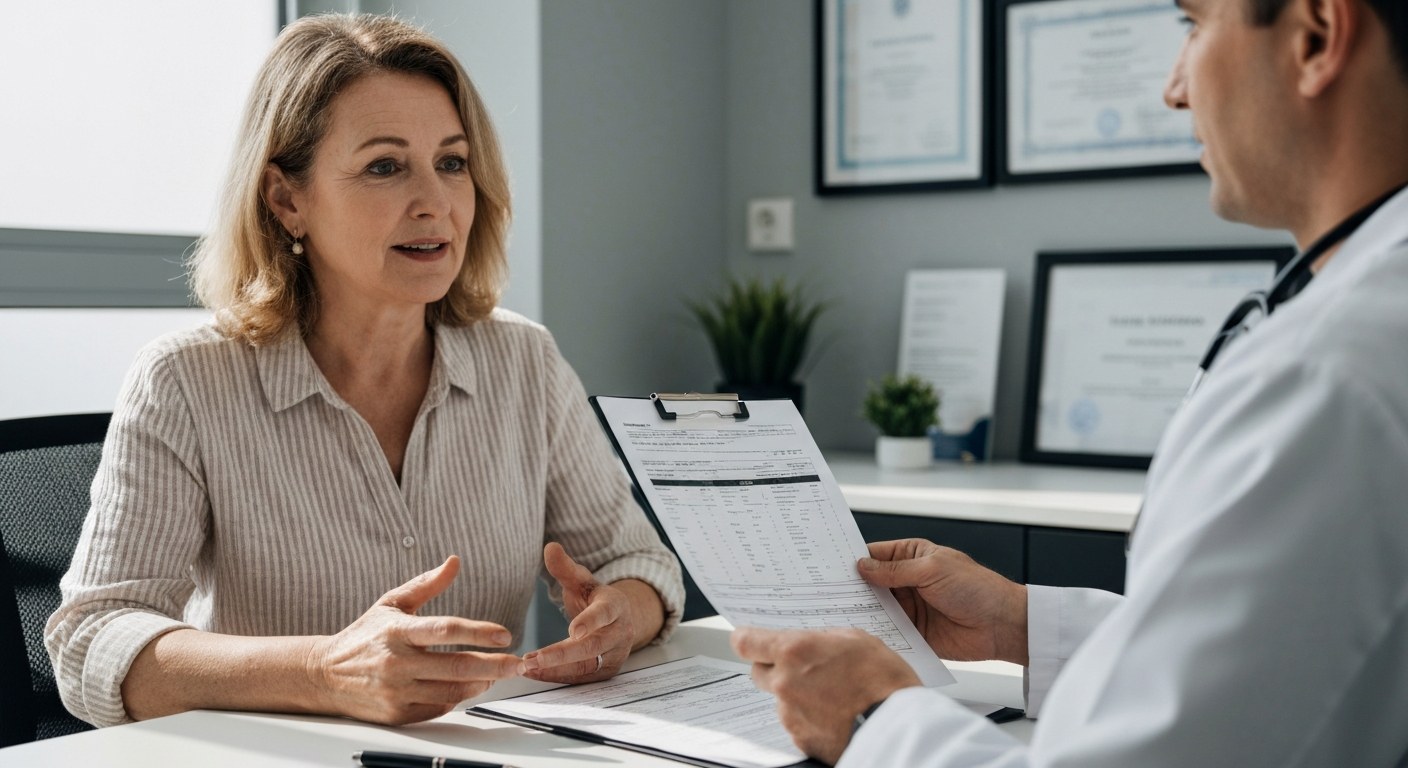 Žena na lékařské konzultaci, revize výsledků krevních testů na alergii