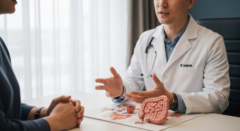 Lékař vysvětluje pacientovi trávicí soustavu v ordinaci