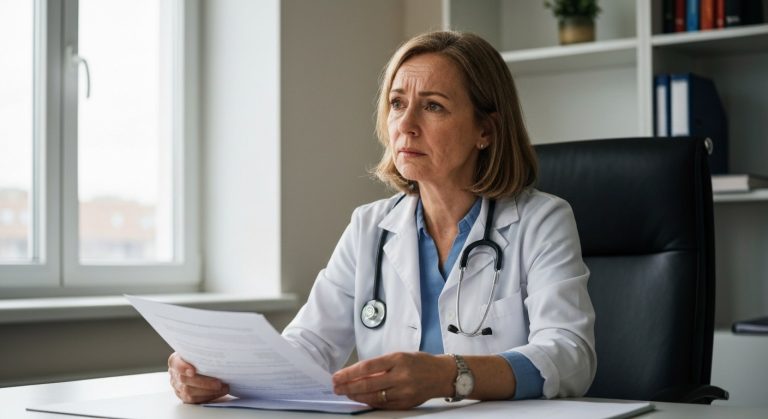 Žena středního věku na lékařské konzultaci drží zdravotní dokumenty