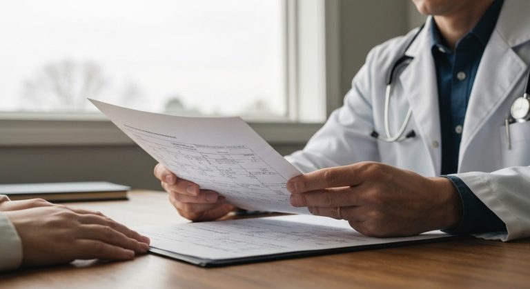 Ruce lékaře držící laboratorní zprávu o výsledcích testů na celiakii