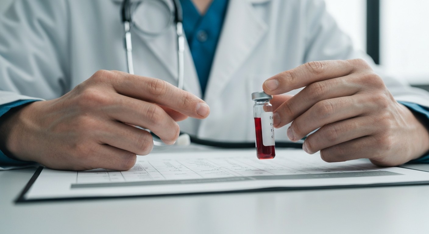 Lékař drží krevní vzorek a zdravotní dokumentaci při diagnostice alergie