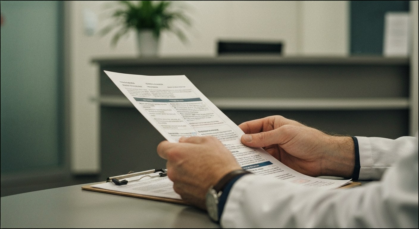 Ruce pacienta držící lékařskou informaci v ordinaci před testováním na celiakii