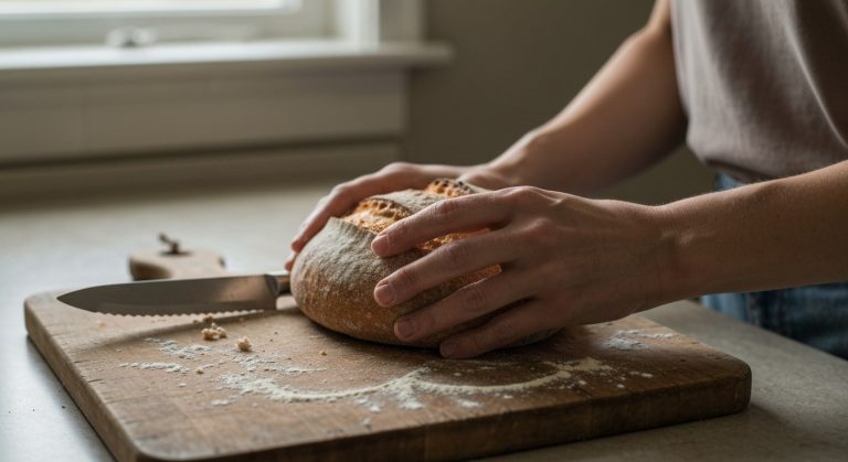 Ženské ruce drží čerstvý domácí chléb na dřevěném prkénku s rozdrobenou moukou