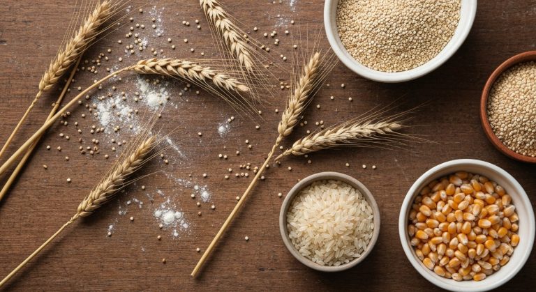 Pšeničné klasy a bezlepkové obiloviny v keramických miskách na dřevěném stole