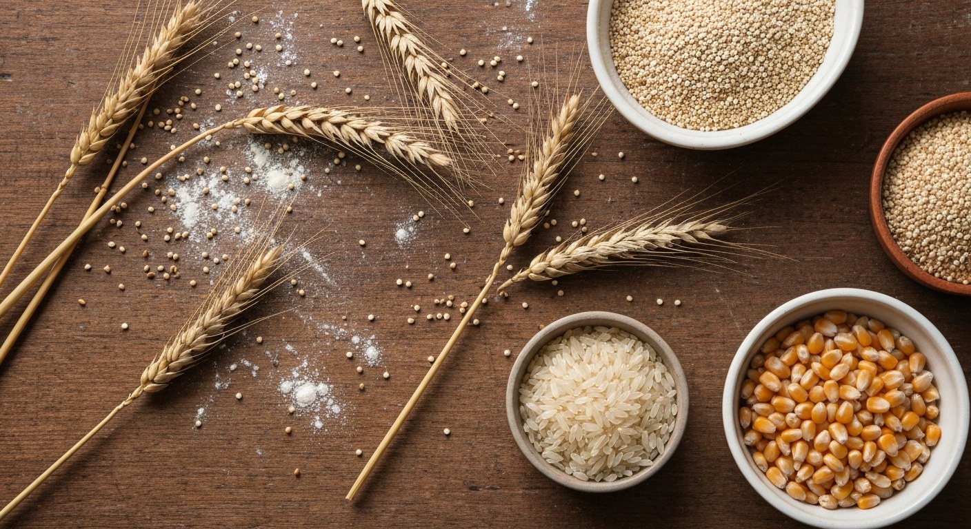 Pšeničné klasy a bezlepkové obiloviny v keramických miskách na dřevěném stole