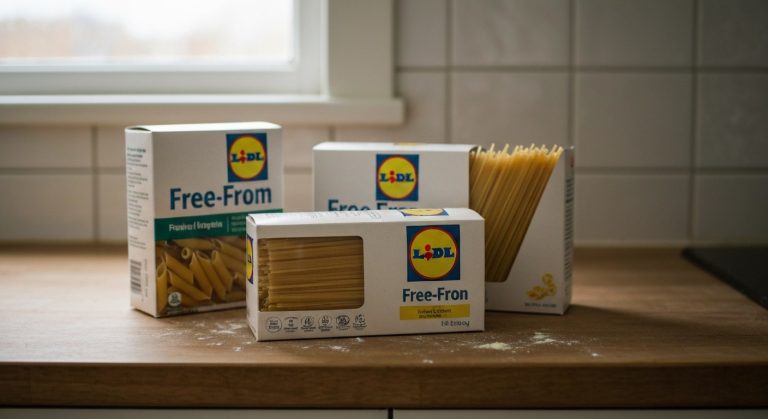 Tři balení bezlepkových těstovin Lidl Free-From na dřevěné kuchyňské lince