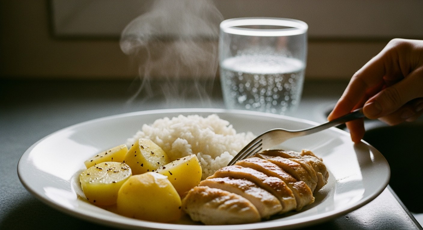 Bílý talíř s rýží, brambory a kuřecím masem na kuchyňském stole