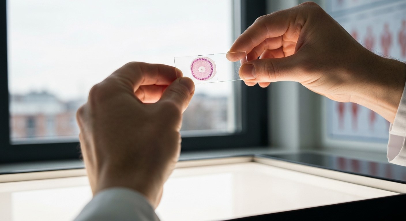 Ruce gastroenterologa držící histologický preparát tenkého střeva proti světélkující podložce v ordinaci