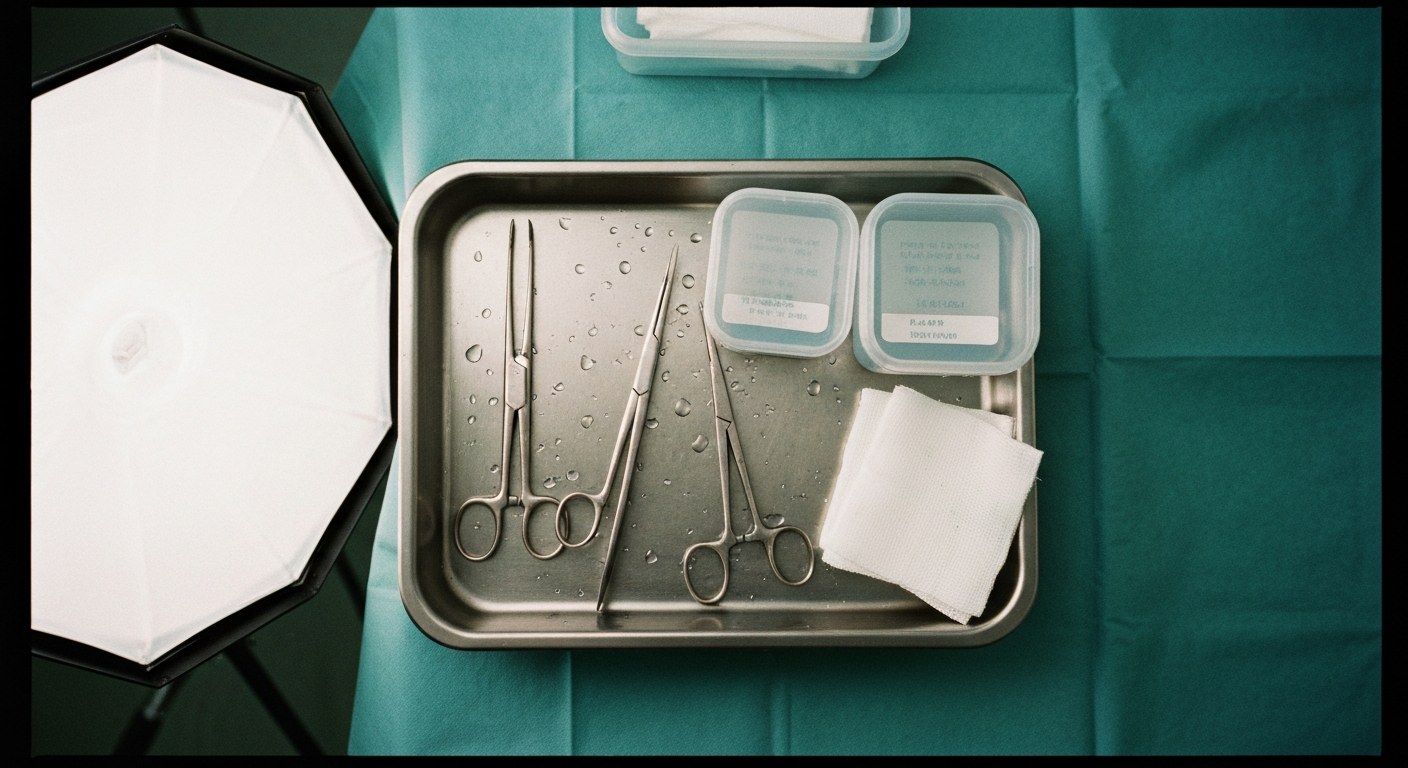 Chirurgické nástroje a odběrové kontejnery na nerezovém tácu připravené pro biopsii duodena