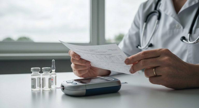 Ruce zdravotní sestry s výsledky krevních testů a glukometrem na bílém stole