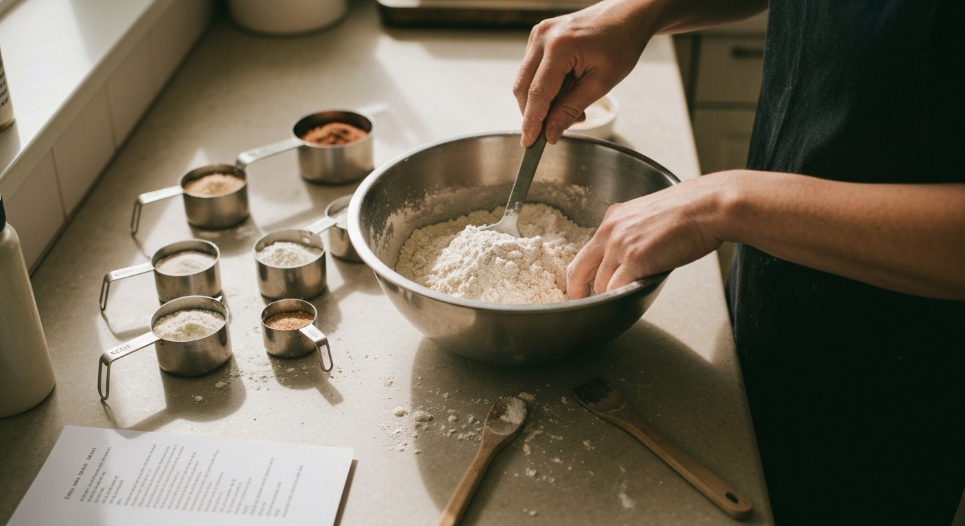 Domácí pečení s mícháním bezlepkové moučné směsi v kuchyni