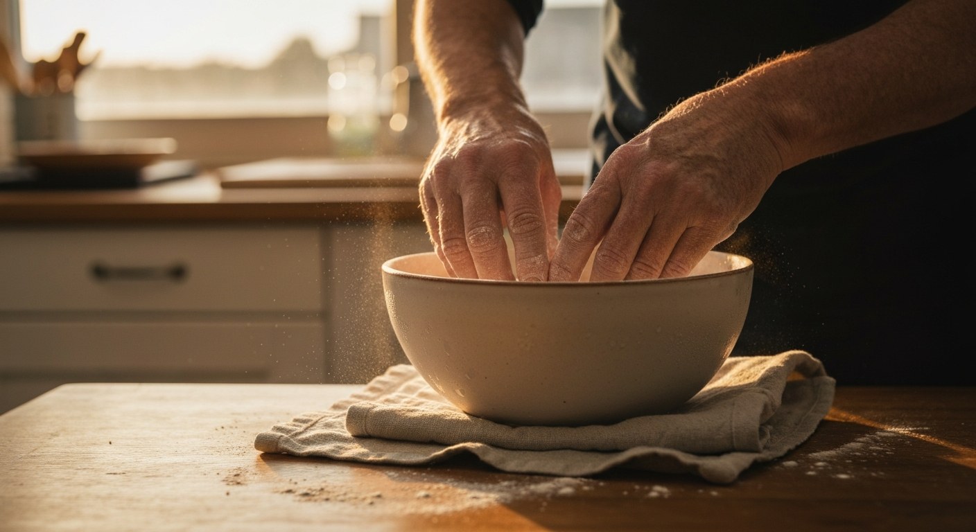 Ruce míchající bezlepkové těsto v keramické míse při zlaté hodině