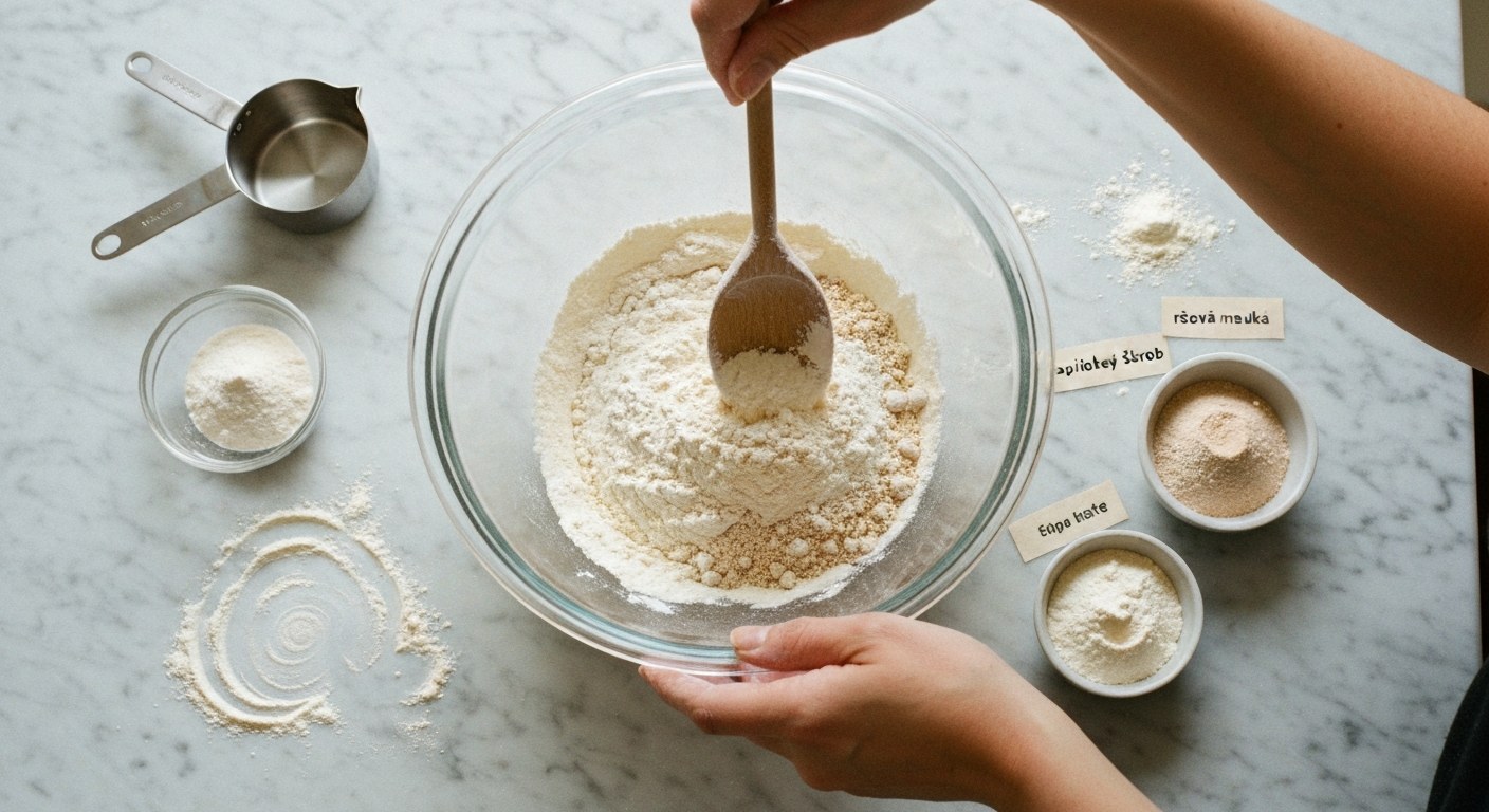 Mísení rýžové mouky a tapiokového škrobu ve skleněné míse při přípravě těsta