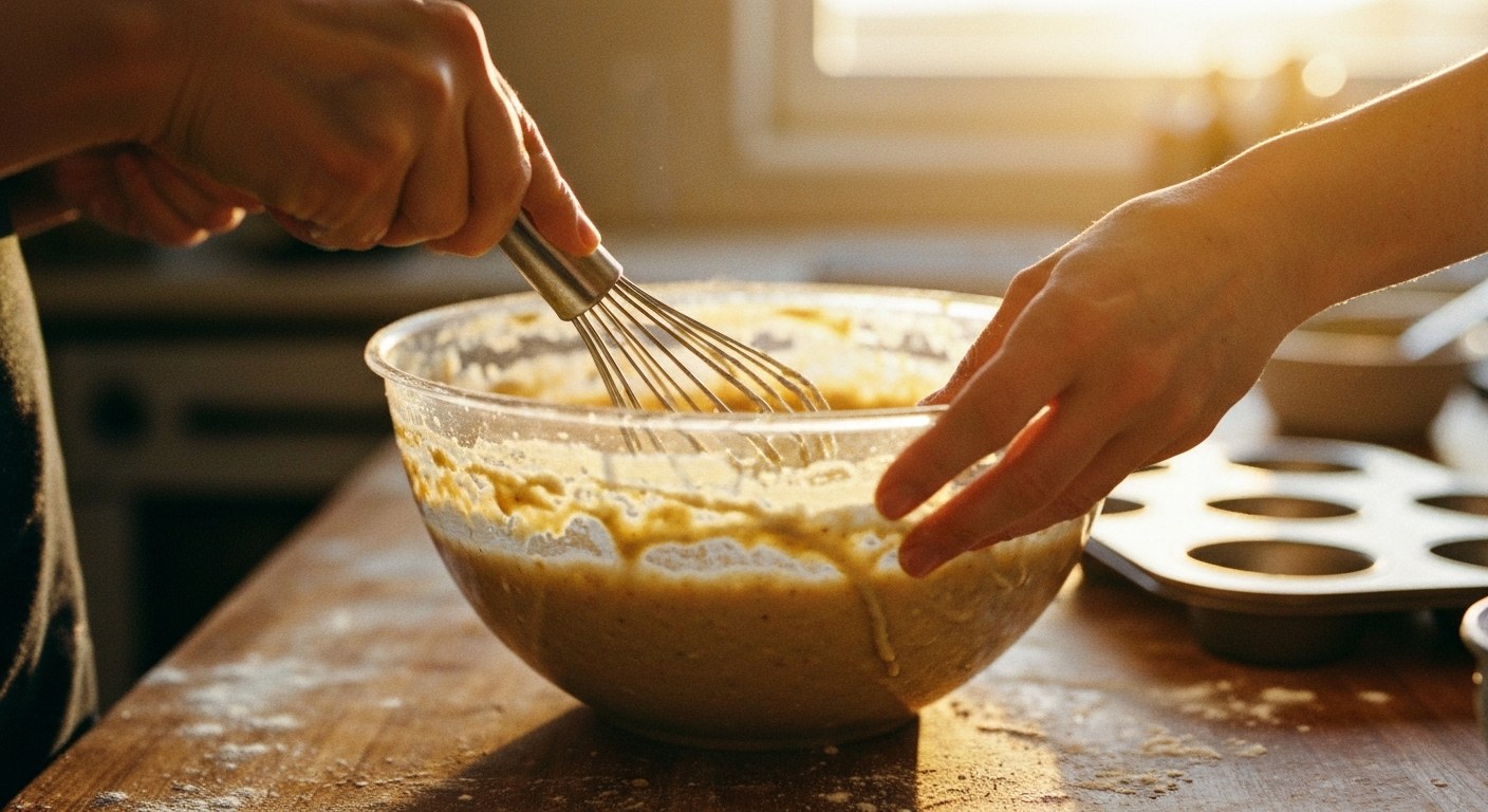 Ruce míchají těsto na banánové muffiny v míse