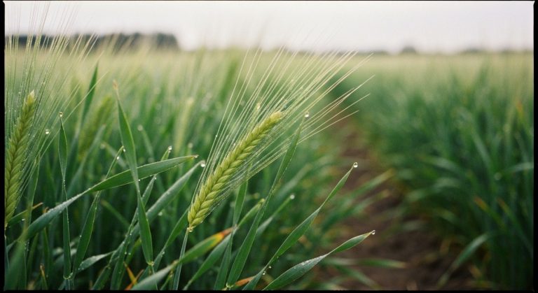 Mladé zelené výhonky ječmene na organickém poli s rosou