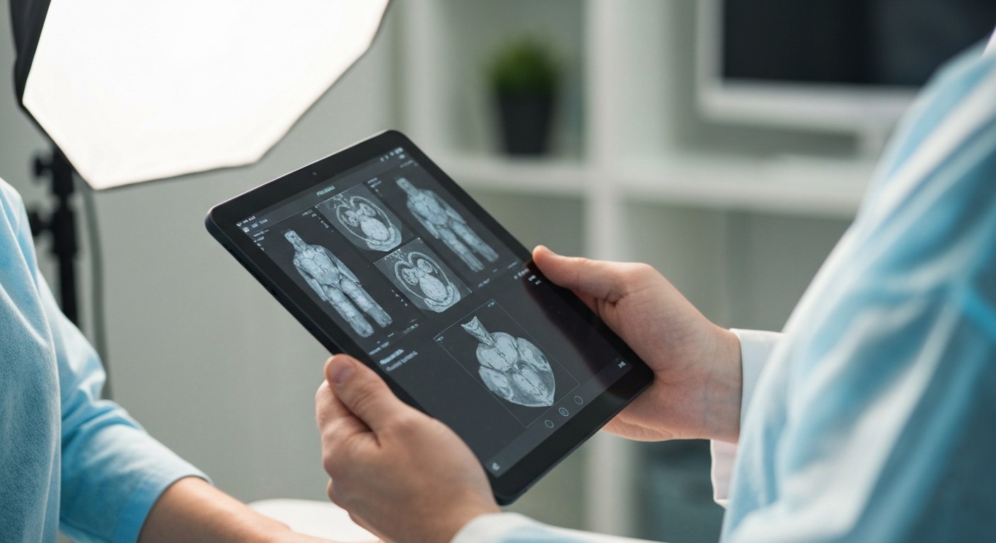 Lékař ukazuje pacientovi výsledky diagnostického vyšetření na tabletu v moderní ordinaci
