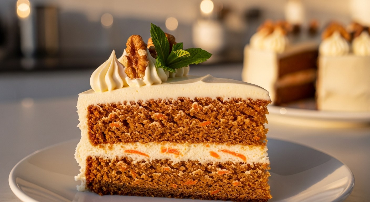 Vláčný mrkvový dort bez lepku s krémovou polevou a vlašskými ořechy na bílém talíři