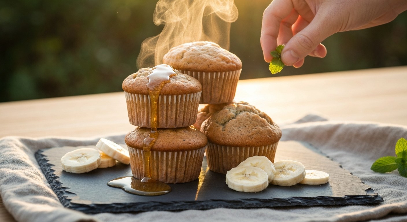 Stoh banánových muffinů s medem a čerstvými banánovými plátky na břidlici
