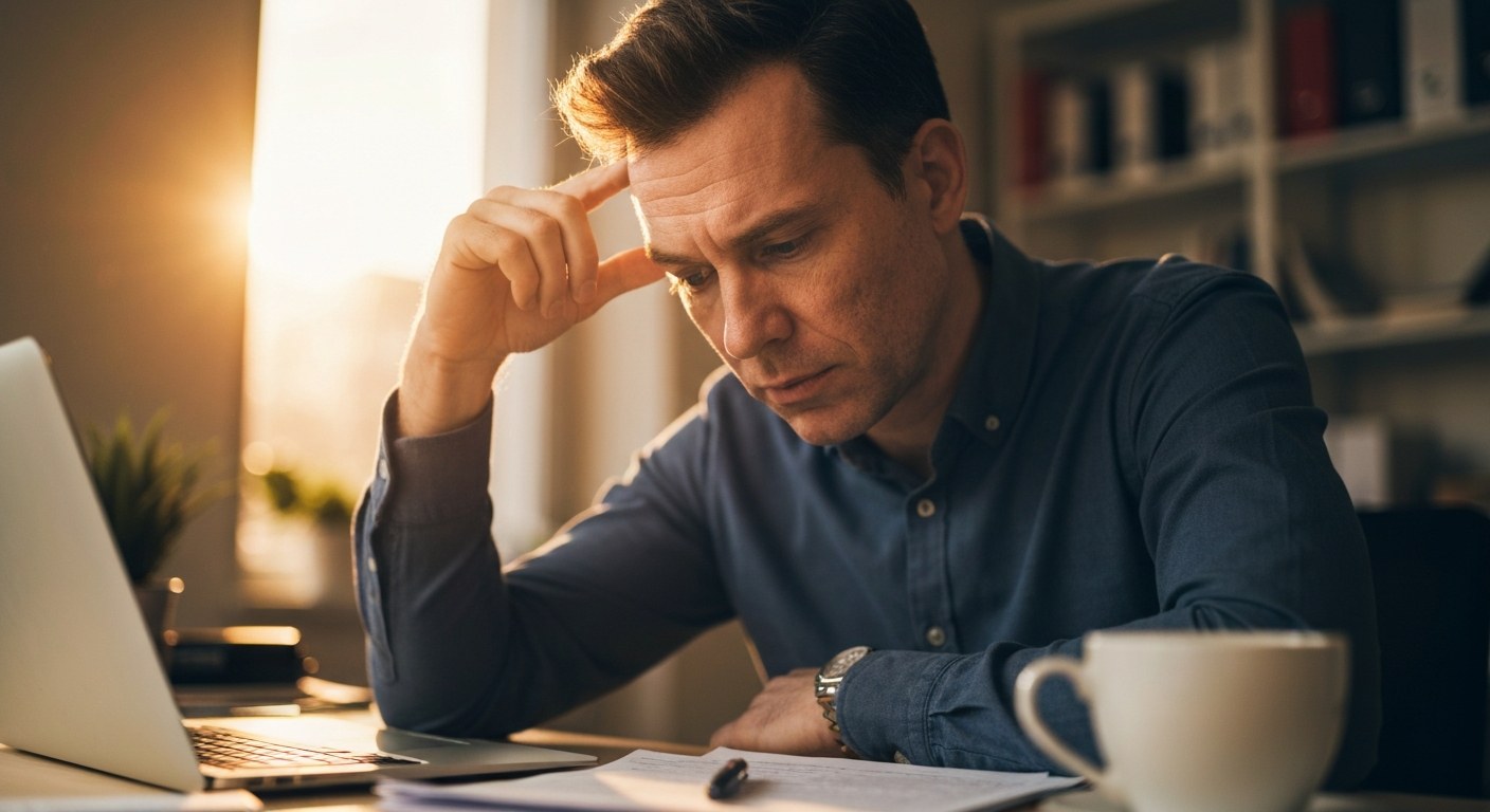 Unavený muž ve věku kolem 40 let u pracovního stolu, ruka na čele, známky vyčerpání a stresu