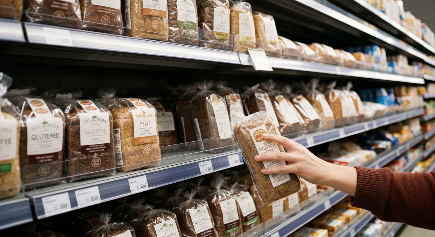 Regál v supermarketu s bezlepkovými produkty, ruka vybírá pečivo