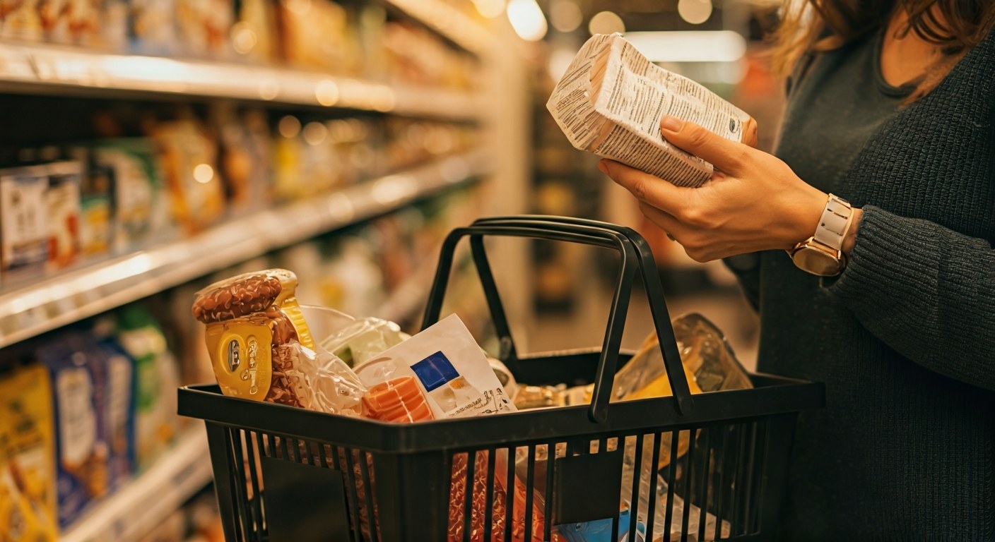 Žena čte složení potravin v obchodě při nákupu bezlepkových produktů