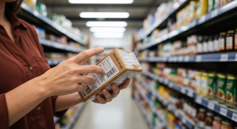 Ženské ruce drží potravinu a zkoumají označení bez lepku v obchodě