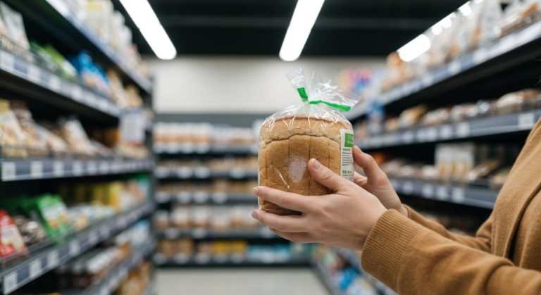 Ruce zákaznice drží balení bezlepkového chleba v supermarketové uličce