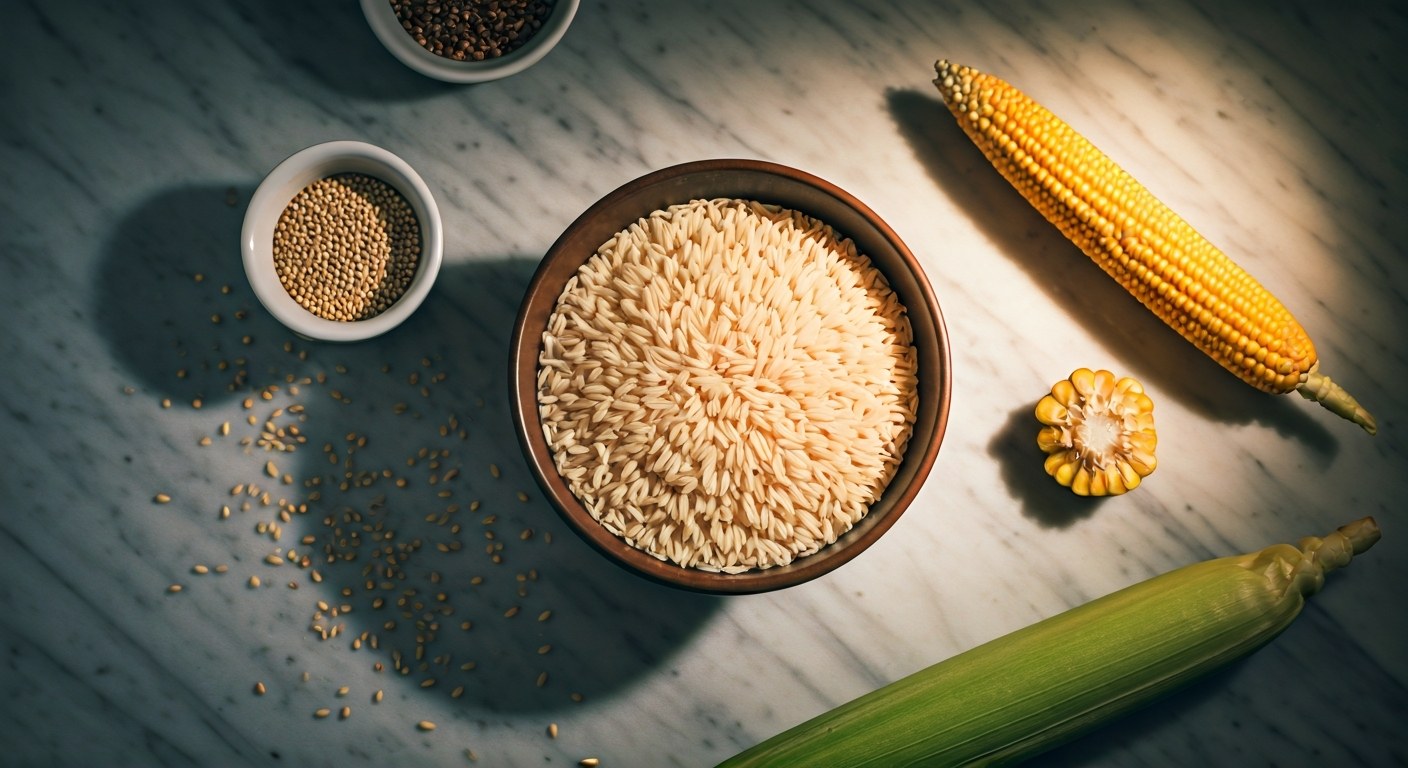 Přirozeně bezlepkové suroviny jako rýže, kukuřice a zelenina na kuchyňské lince