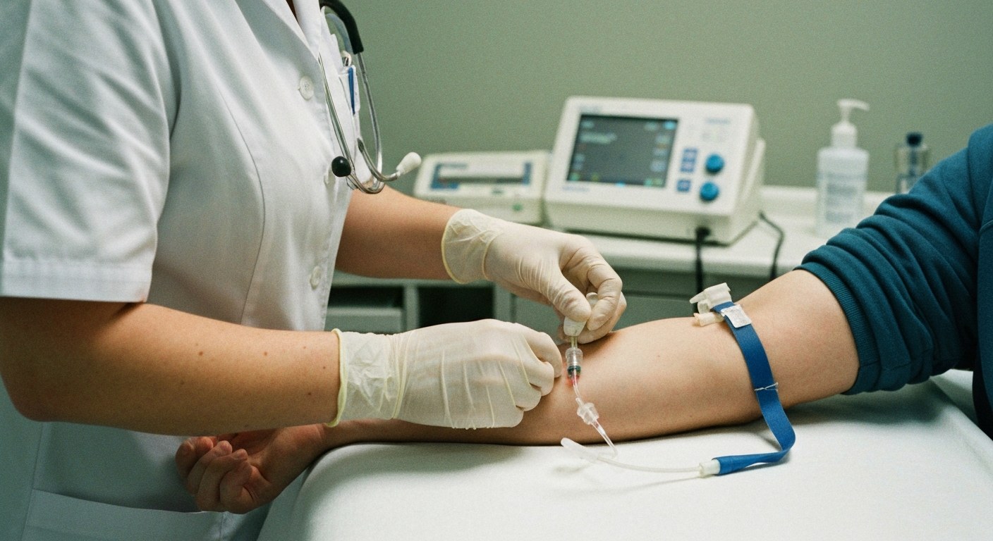 Zdravotnický pracovník připravuje odběr krve pacientovi v ordinaci