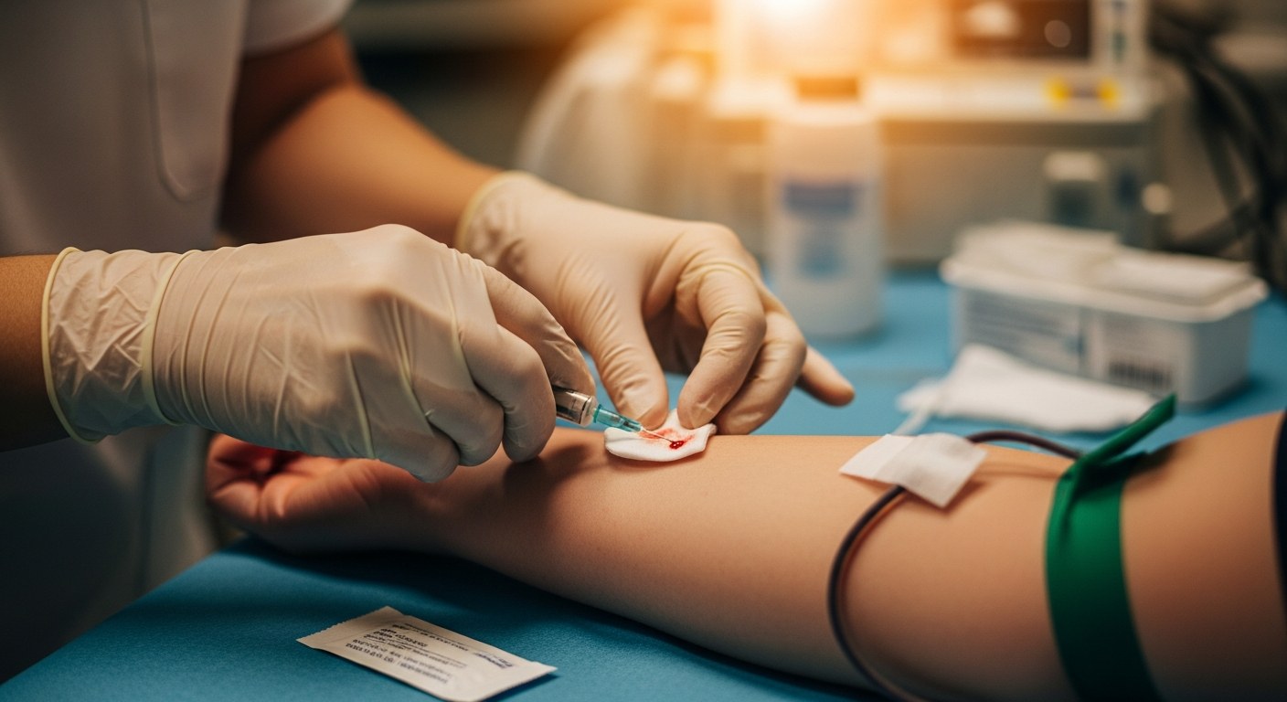 Zdravotník odebírá krev pacientovi při testování na celiakii