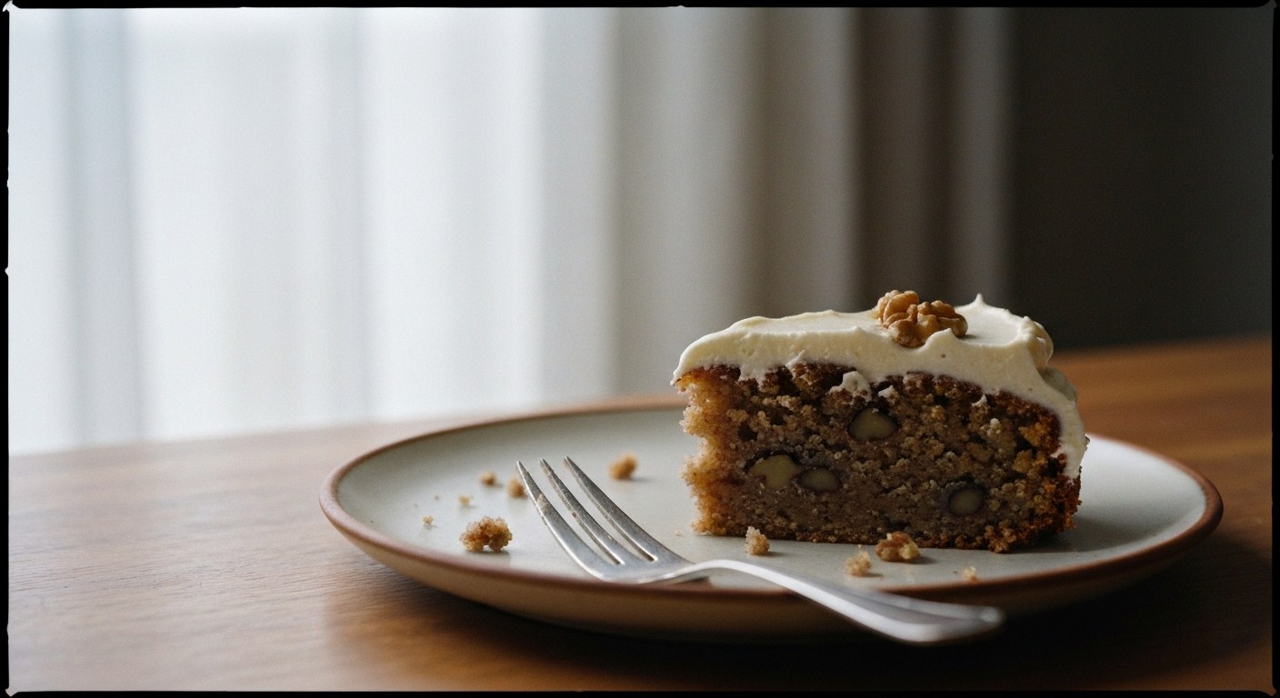 Řez bezlepkovým ořechovým dortem s mascarpone krémem na keramickém talíři
