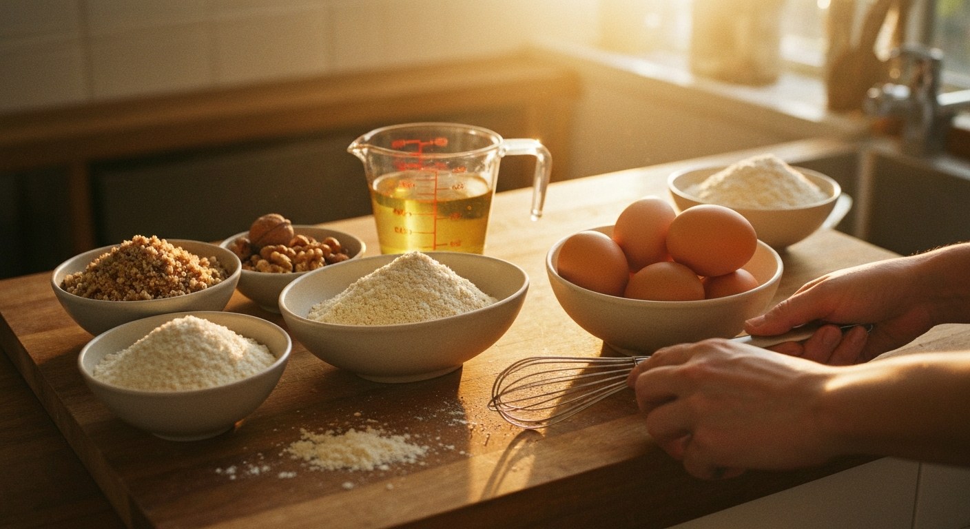 Ingredience na bezlepkový ořechový dort připravené na dřevěné kuchyňské lince