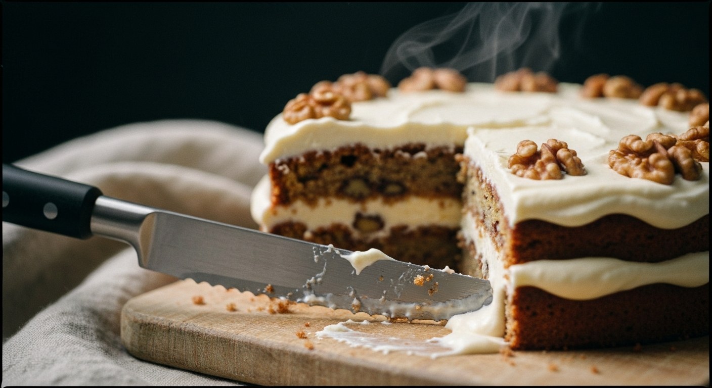 Krájení čerstvého ořechového dortu bez lepku nožem na prkénku