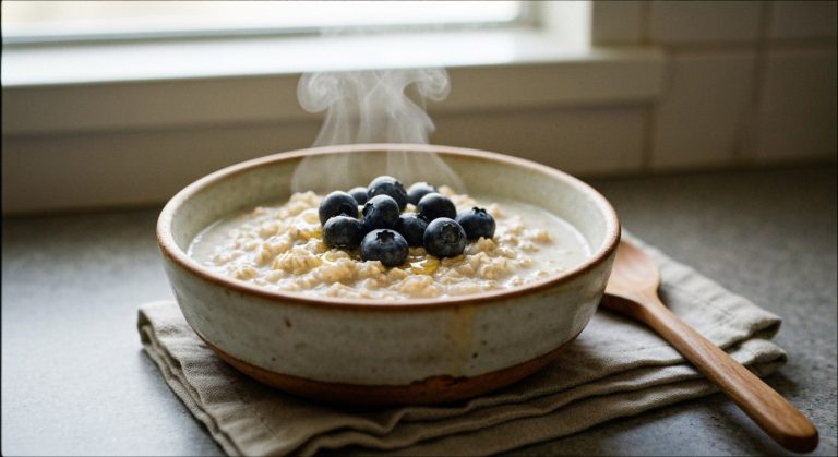 Miska ovesné kaše s borůvkami a medem na kuchyňském stole
