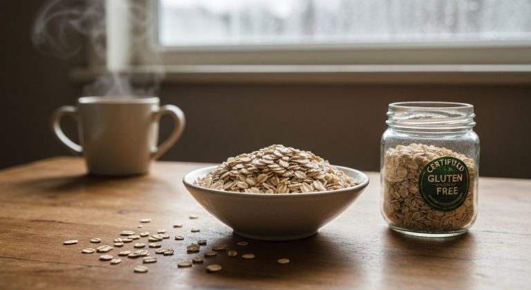 Porcelánová mísa s ovesnými vločkami na dřevěném stole, vedle sklenice s bezlepkovým ovsem