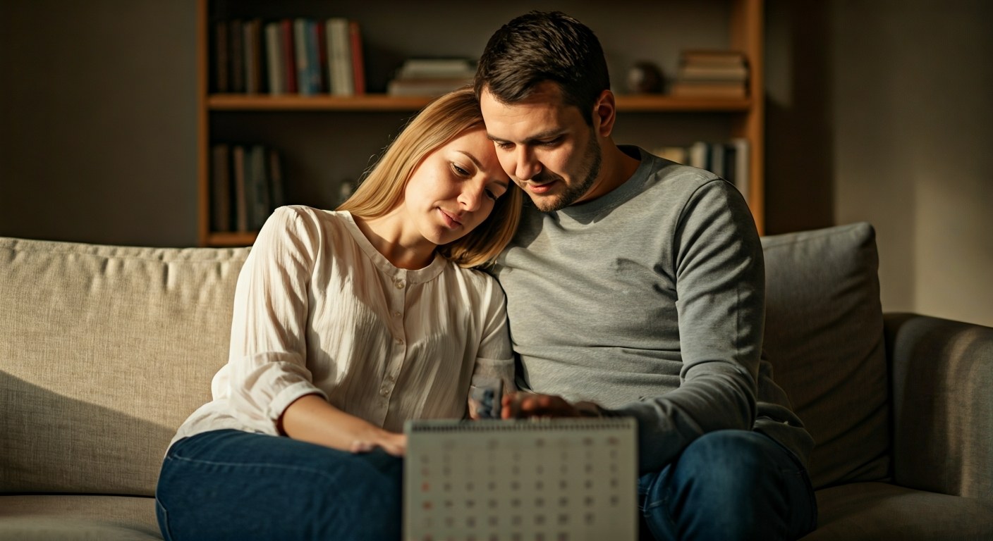 Pár sedí na gauči a dívá se na kalendář s nadějí na početí dítěte